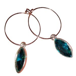 Teal Blue Marquis Rhinestone Silver Hoop Crystal Earrings Hoops Handmade KATTA